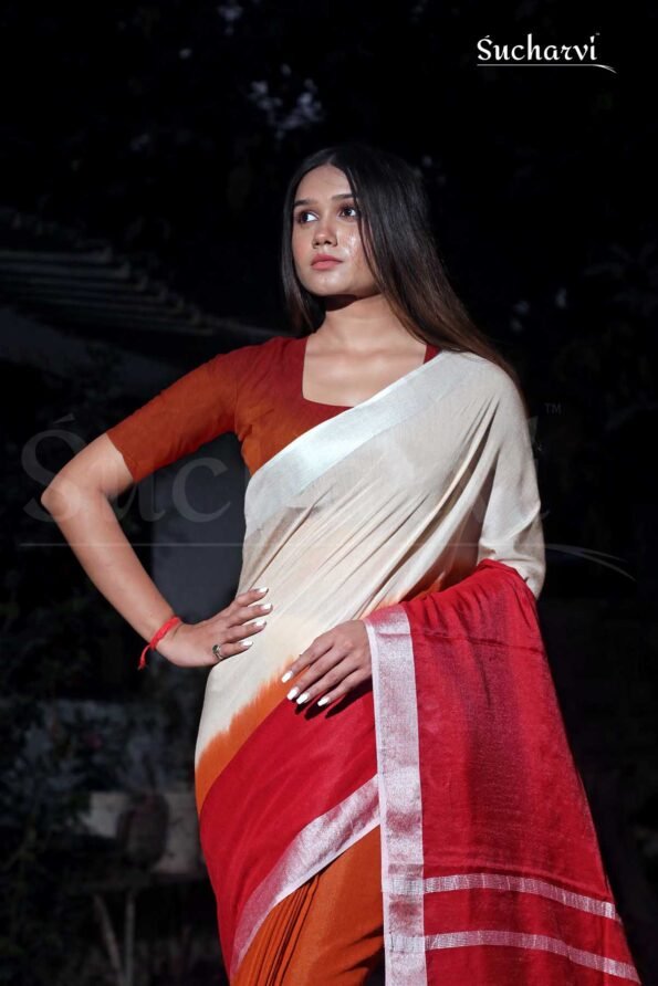 cream red saree